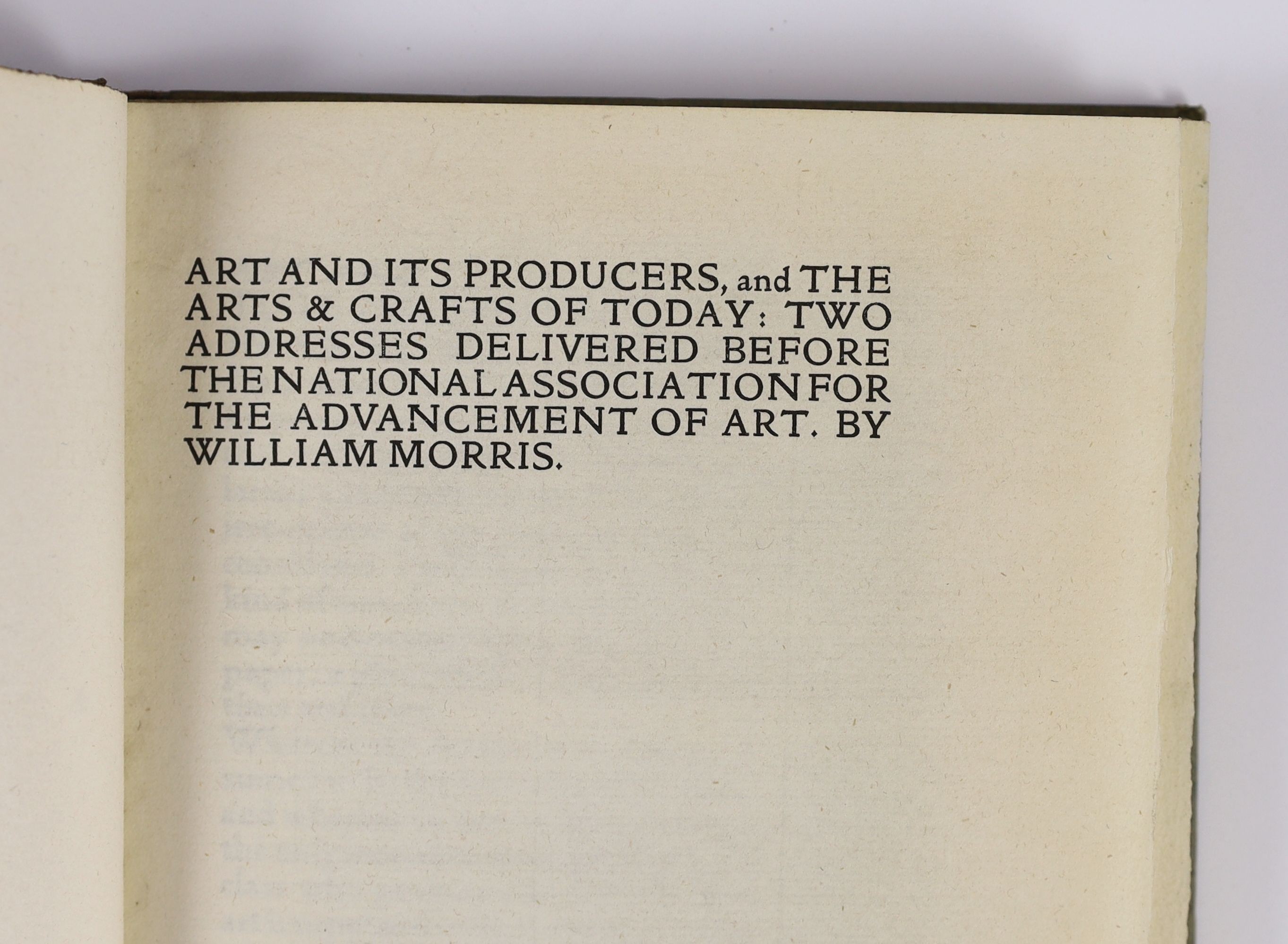 Morris, William - 3 works - Architecture and History, and Westminster Abbey, 8vo, original half cloth, hand-made paper, Longmans & Co., London, 1900; Art and it’s Producers, 8vo, original half cloth, hand-made paper, Lon